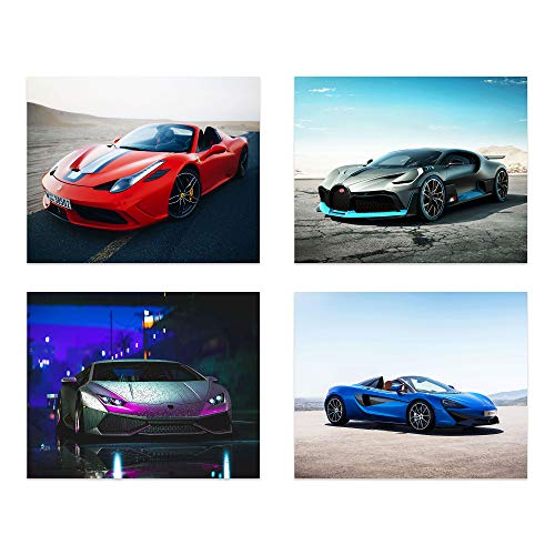 Sports Car Poster Prints - Set of 4 Unframed (10 inches x 8 inches) Super Car Prints - Lamborghini Aventador - Bugatti Divo - Ferrari 458 - Mclaren 570s - Exotic Car Wall Art - Set 1