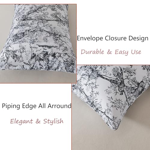 Image of FADFAY Bird Sheets Set Full 100% Egyptian Cotton Black and White Toile de Jouy Bedding Vintage Rose Floral Farmhouse Bedding Shabby Chinoiserie French Country Sheets Deep Pocket Soft Breathable 4Pcs