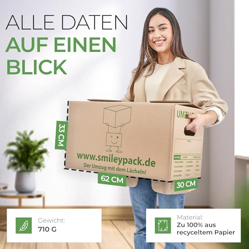 smiley pack stabile Umzugskartons - 620 x 300 x 330 mm - Extra groß - Umzugskiste 40kg Traglast - Umzug mit Karton-Box - Robuster Umzugskarton mit Deckel - Ordnungsboxen (10 Stück)