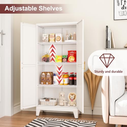 Image of winiowa Metal Pantry Cabinet with 2 Doors and Adjustable Shelves, Kitchen Storage cabinets with Gold Handles, Versatile Storage for Laundry /Living Room,Bathroom,Dinning Room-White