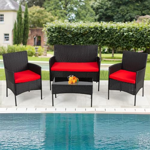 Image of PayLessHere Outdoor Furniture Set 4Pc Modular Patio Furniture Set Water Resistant Conversation Set with 3 Rattan Chairs 1 Tempered Glass Topped Table Seat Cushions for Patio Balcony Poolside, Red