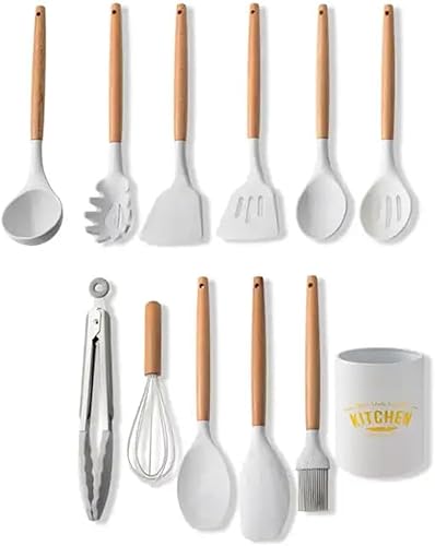 Miniatura 1 de Juego de utensilios de cocina de cocina, 12 piezas para colorear mármol, silicona resistente al calor de grado alimenticio con asas de madera