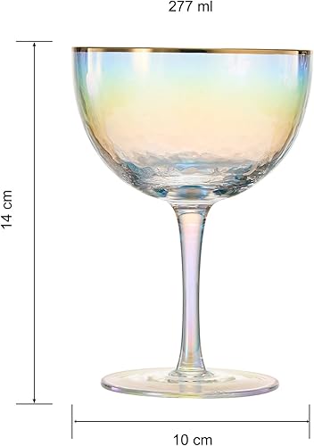 Miniatura 5 de Festive - Juego de 2 copas de champán martilladas iridiscentes con borde dorado, 8 copas de champán coloridas de 5 onzas, aniversarios, regalo de