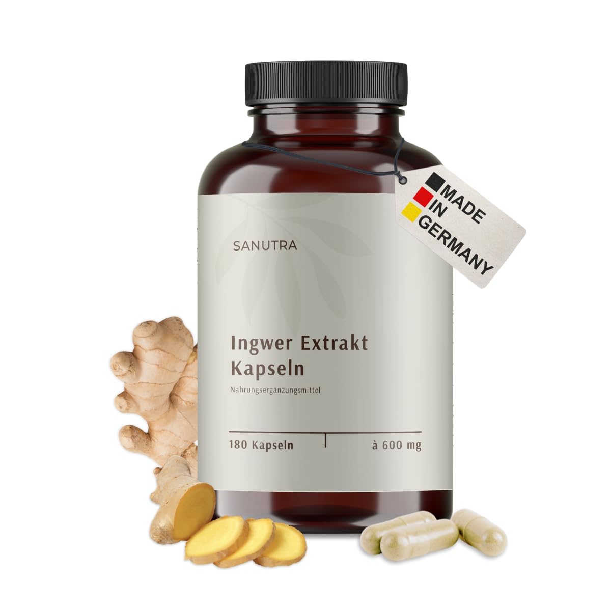 SANUTRA® Gélules de Gingembre – hautement dosées 15:1 extrait de gingembre avec 5% de gingérols, véganes, sans additifs, contrôlées résidus, fabrication allemande, 180 x 600 mg