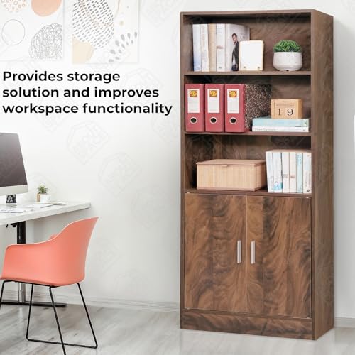Image of ABOUT SPACE 5 ft Kitchen Cabinet - 5 Tier Wooden Storage Cabinet with 3 Open Shelves & 2 Magnetic Door Crockery Cabinets, Easy to Assemble for Home Living Room (Walnut - L 57 x B 25.5 x H 158 cm)