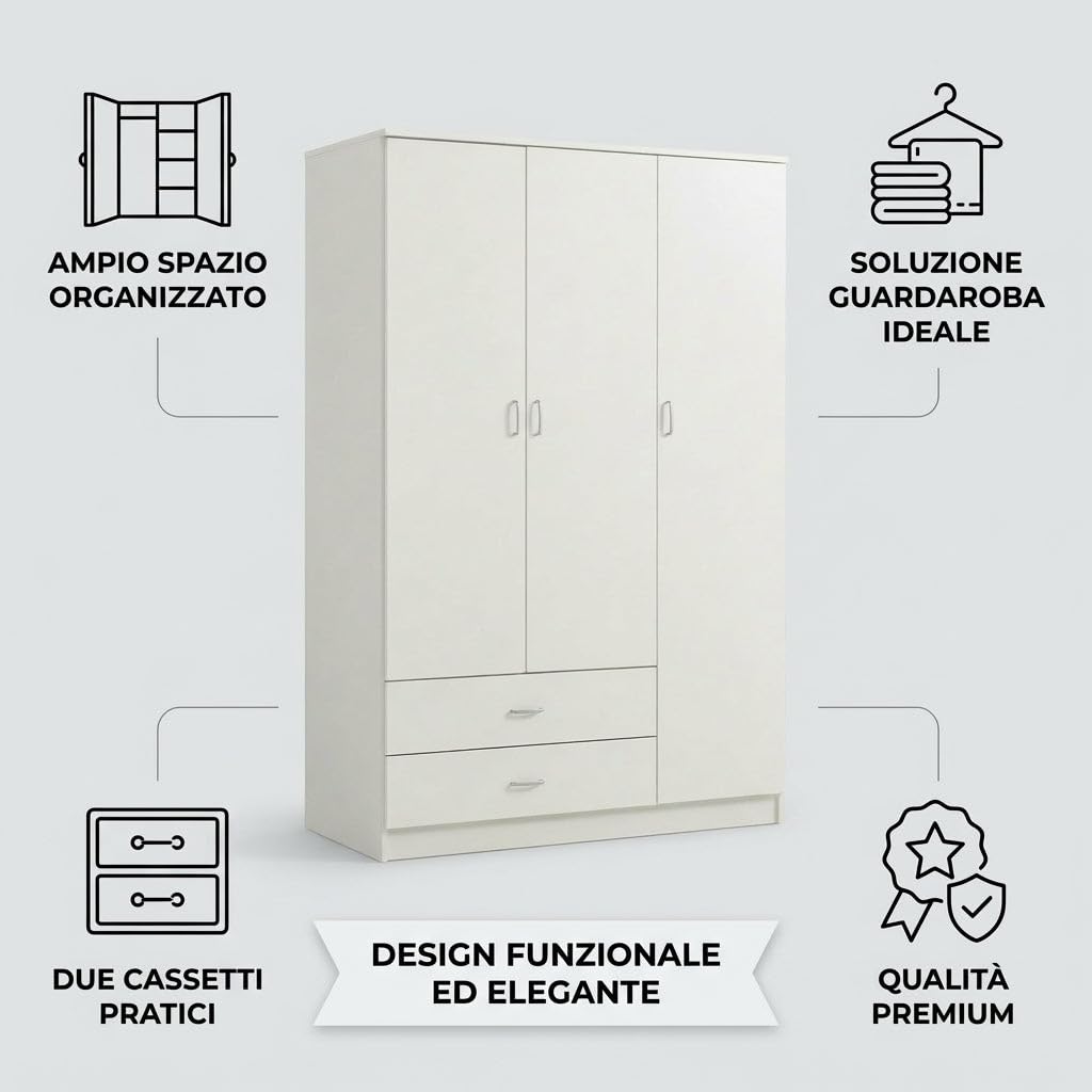 HEMAX Armadio 3 Ante e 2 Cassetti Guardaroba Moderno 120x52x190 – Cemento