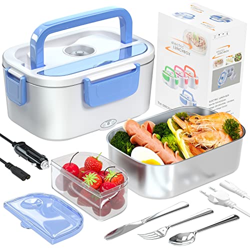 Boîte à Repas Électrique,Boîte Chauffante Lunch Box Électrique,Gamelle Chauffante Acier Inoxidable 1.5L,Lunch Box Chauffante Électrique 2 en 1 pour Voiture/Camion et Bureau 220V & 12V 40W (Bleu)