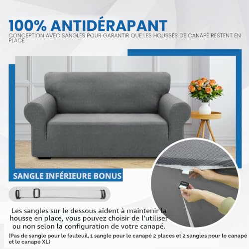 Housse de canapé salon extensible 2 places gris clair chaleureux - 6