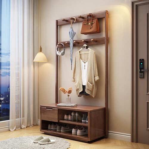 多層コートラック シューズラックベンチ、引き出し付き無垢材玄関収納オーガナイザー、3色の収納オプション付きオットマン、複数のフック、家庭用玄関用シューズキャビネット(木製、33.5インチ) (ウォールナット 41.3インチ)