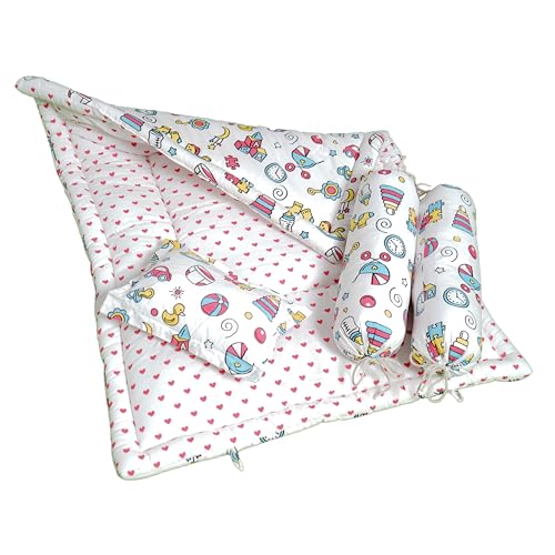 Image of NWF Premium Cotton Toddler Bedding Set, 4 Piece, Pink Print, 26x40 Inch, Foldable Nap Mat, Lightweight, Travel Friendly, 12+ Months
