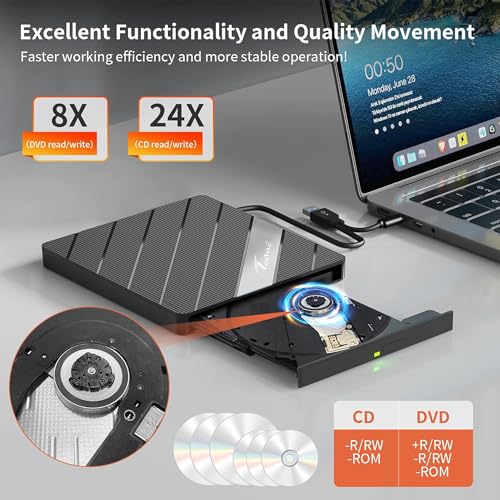 Image of Techie 8-in-1 External DVD Drive with USB Hub, SD TF Card Reader and Type-C Power Port - Dual USB-A and Type-C Interface CD DVD Reader Writer for Laptop, MacBook, PC and Tablets (Black Grey)