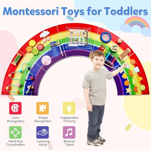 Image of Rainbow Wall Busy Board for Kids: Wooden Montessori Activity Panel | 13-in-1 Sensory Learning Toys for Fine Motor Skills - Playroom & Nursery Essentials for Toddlers
