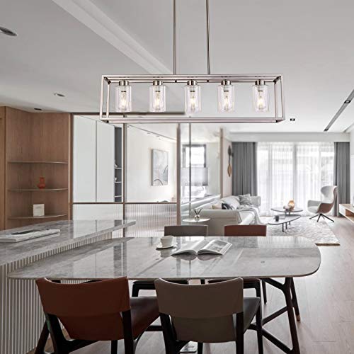 Sivilynus 5 Lights Brushed Nickel Dining Room Chandelier Hanging Light Fixture Modern Kitchen Island Linear Lighting Farmhouse Chandelier With Clear Glass Shade For Bar Restaurant #TOP2