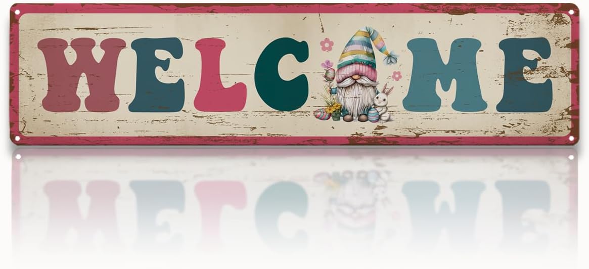 Funny Easter Decor Metal Tin Sign, Easter Bunny Please Stop Here Sign, Vintage Aluminum Wall Decor, for Easters Egg Hunt Porch Yard Garden Fence, Spring Holiday Decorations, 15.7 x 3.9 Inch