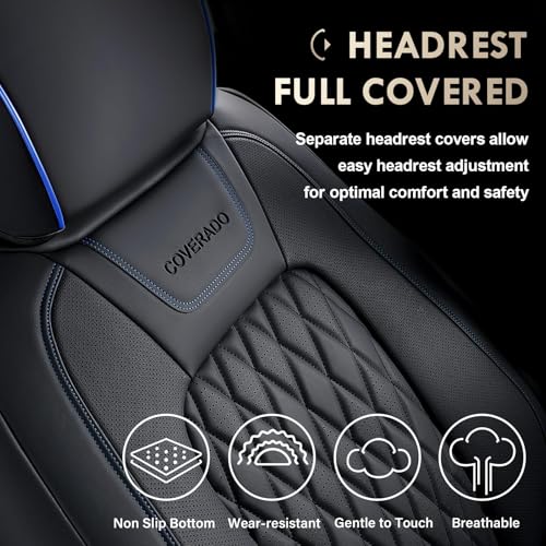 Image of Coverado Leather Seat Cover, Custom Fit for Ford F150 Seat Covers, Ford F150 Truck Seat Covers Waterproof Fit for 2015-2026 F150 & 2017-2026 F250 F350 F450 Blueline - Front Pair