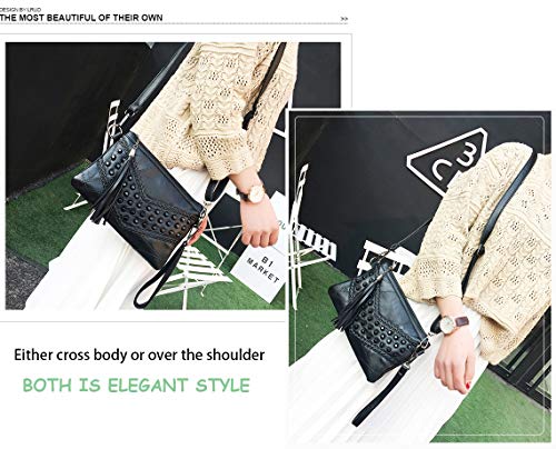 Kleine Zwarte Lederen Cross Body Handtas voor Vrouwen - Bezaaid Schouder Tas - Avond Bruiloft Kwastje Clutch Tas met… - Image 3