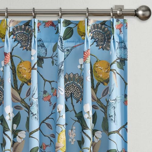 Image of Vintage Floral Curtains 90 Inches Long for Living Room Bedroom Luxury Whimsical Lemon Hummingbird Patterned Waverly Mid Century Colorful Pinch Pleated Blackout Drapes 2 Panels，Light Blue