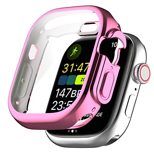 LIJINLAN for Apple Watch Ultra 49mm Case with Screen Protector, Anti-Fog Tempered Glass Protective Film and Hard PC Bumper Case Cover for Apple Watch Ultra 49mm Accessories (Pink)