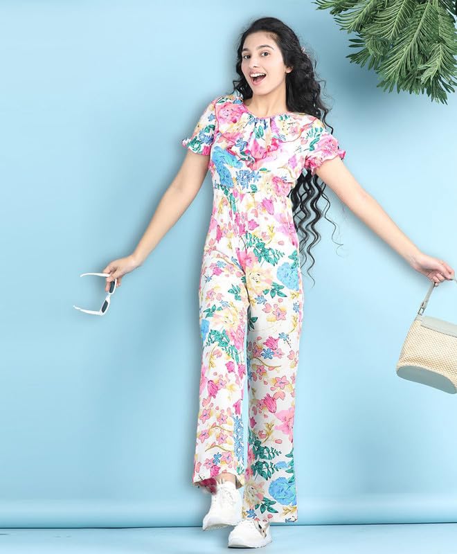 Image of Girls Stylish Floral Print Embellished Jumpsuit | Lightweight & Comfortable Fabric | Jumpsuit for Kids | Ideal for Casual & Outings