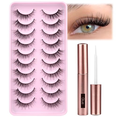 PHKERATA Wispy False Eyelashes with Eyelash Glue Cat Eye Lashes Natural Look 10 Pairs Reusable Eyelashes 3D Fake Strip Lashes with 5ML Lash Glue