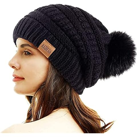 REDESS Women Winter Pom Pom Beanie Hat with Warm Fleece Lined, Black Cover