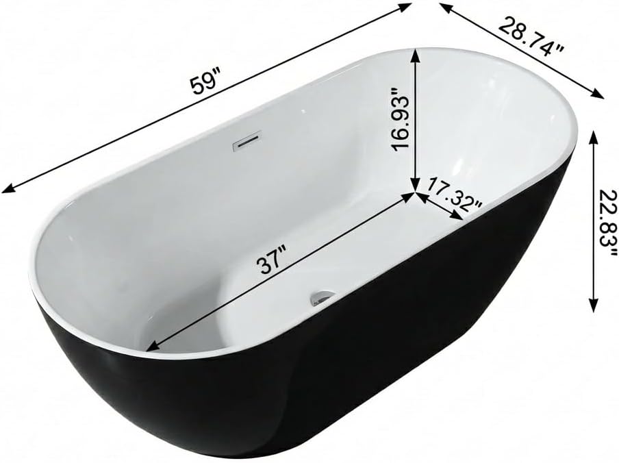 59 Inch Acrylic Freestanding Bathtub, Acrylic Soaking Bathtub with Matte Drain and Overflow, Modern Square Tub, cUPC Certified, Deep Ergonomic Design, Double-Walled Insulation, Easy Installation - Image 2
