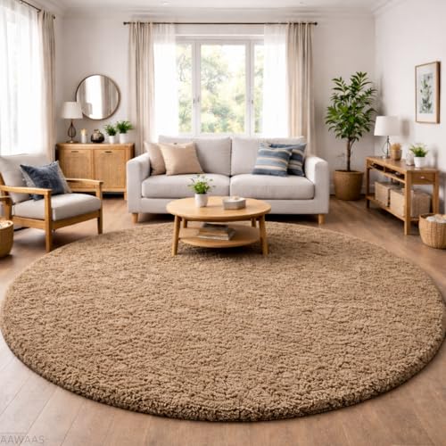 Image of Premium Polyester Shaggy Round Rug - Ultra Soft Fluffy Circle Carpet for Bedroom, Living Room, Kids Room, Anti-Skid Plush Floor Rug - (Beige, 8 feet|240cm)