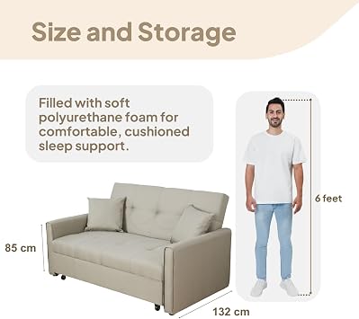 Home Source Charleston Convertible Sofabed, 2 Seater Pull Out Sofa Bed, Linen Fabric, Compact Living Room/Guest Bed – Linen Beige