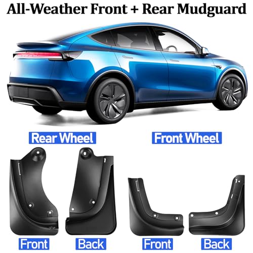 Image of Mud Flaps for 2025-2026 Tesla Model Y Juniper, Black, Set of 4 | No-Drill Splash Guards, Front and Rear, All-Weather, Impact Resistant TPE