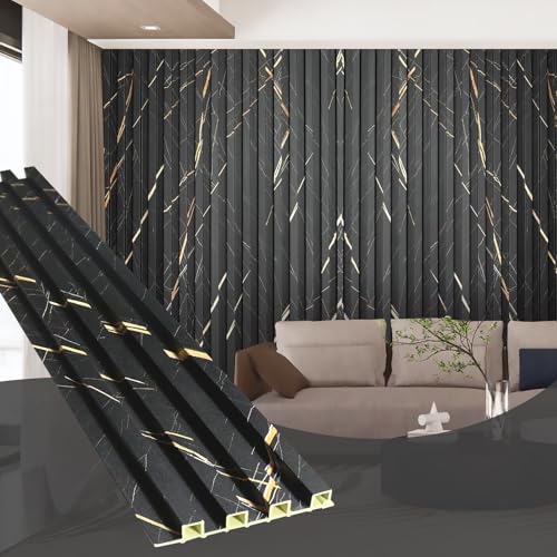 OUZUGIE WPC Acoustic Slat Wall Paneling, 8-Pack 96 x 6 Inches 3D Wall Panels for Interior Wall Decor,Living Room,TV Background,Study Room,Office Spaces,Bedroom,High Grille (Black Marble)