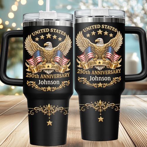 Image of Personalized 250th Anniversary Of America Tumbler - Custom Patriotic USA Flag 1776-2026 Gifts - US Eagle Freedom Cup 40oz A1 - American Independence Celebration Gifts For Men Women