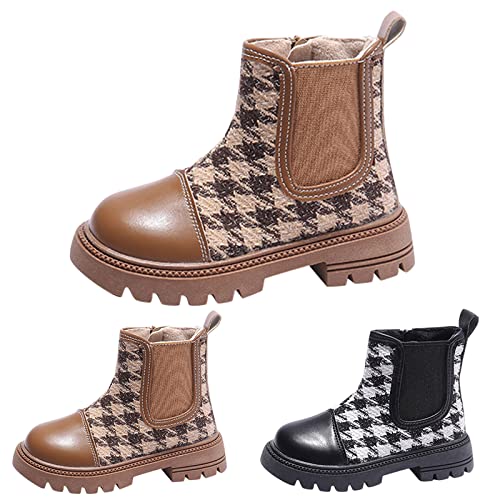 Girls Platform Lug Sole Winter Boots Ankle High Chunky Block Heel Non-Slip Leather Slip on Fashion Outdoor Booties (Khaki, 6-7 Years Little Child)3