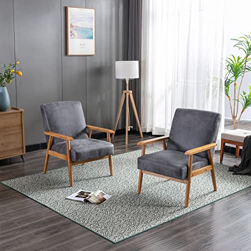 Mid Century Modern Accent Chair Set Of 2 Wood Frame Wide Armchair Retro Lounge Chair For Living Room, Bedroom, Office, Guest Room (Grey*2) #TOP5