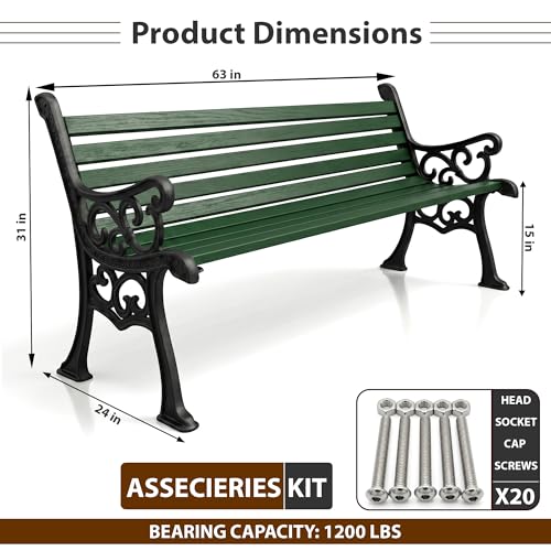Image of BRISHI 3 Seater cast Iron Garden Bench for Indoor & Outdoor Park /Patio /Living Room /Terrace /Balcony (White) (Black + Green)
