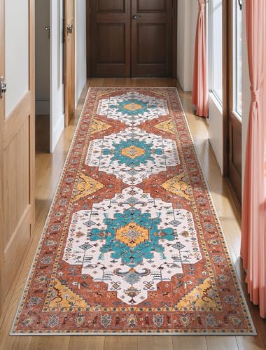 SERISSA Boho Washable Runner Rug, 2'6"x8' Non-Slip Vintage Orange Hallway Kitchen Runner Rug Ultra Soft Print Distressed Floor Carpet for Bedroom Bathroom Laundry Living Room