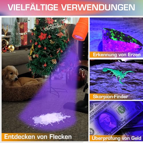 EverBrite Mini UV Taschenlampe 6 Stück, 395nm Schwarzlicht Lampe mit 18 AAA Batterien, Ultraviolettes Licht Haustier Urin Detektor für Hunde und Katzen, Geldscheinprüfer