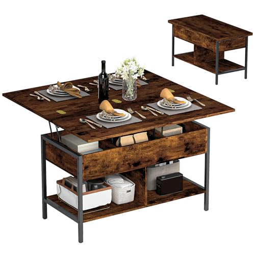 HOMCOM Table Basse relevable et Extensible, Table de Salon avec Plateau Pliant, Compartiment caché et étagères Ouvertes, Style Moderne, pour Salon, Bureau, Manger, 98 x 49 x 55 cm, Brun Rustique