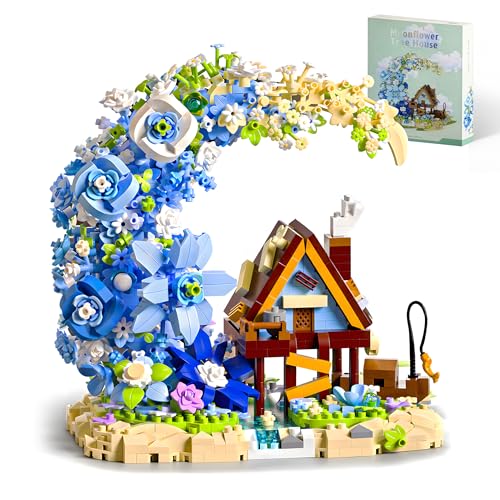 ripplream Fairy Moon Flower Building Block Set with LED Lights, Fairy Cottage Themed Garden Decoration, Creative Home and Office Decoration
