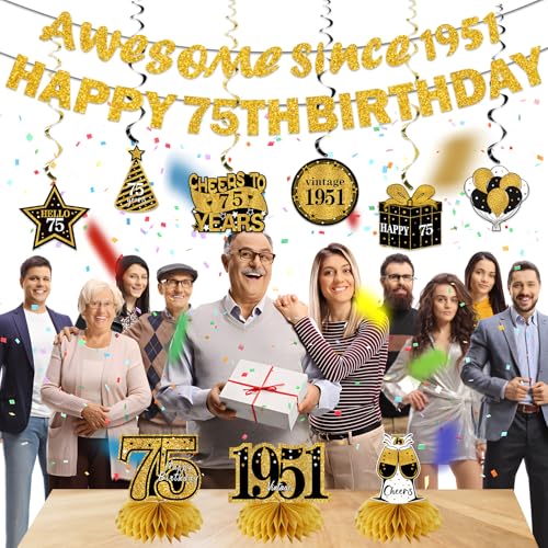 Image of Kuxriox 11Pcs 75th Birthday Decorations Kit for Men Women, Black Gold Happy 75th Birthday Banner, Awesome Since 1951 Centerpieces Swirls Party Supplies, 75 Bday Banner Ceiling Table Topper Sign