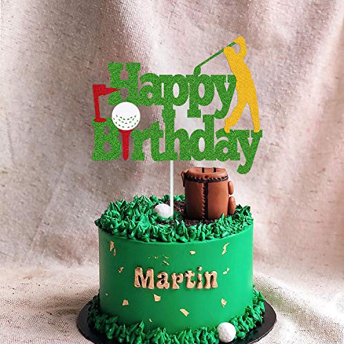Golf Cake Topper Happy Birthday Sign Golf Ball Player Cake Decorations For Sport Theme Man Boy Girl Birthday Party Supplies Double Sided Green Sparkle Decor #TOP5
