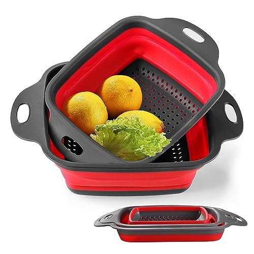 Collapsible Colander Set of 2, OLULU Collapsible Strainers for Kitchen, 11.5 inch Silicone Strainer and 9.5 inch Silicone Colander for Draining Pasta Vegetable fruit, Kitchen Food Strainer (Red)
