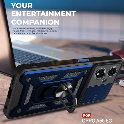Image of Armor Bumper Back Cover Case for Oppo A59 5G Rotating Camera Cover, Ring Holder & Kickstand | Heavy Duty & 360 Degree Protection Oppo A59 5G Back Cover (Blue)
