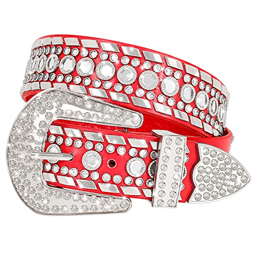 Western Cowgirl Rhinestone Belt Red Genuine Leather for Women Size 37-40 Inch