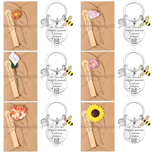 Jadive 6 Sets de Regalos de Fin de Año para Profesores 6 Profesore Llaveros con Colgante de Abeja y 6 Sobres de Papel Kraft con Flores Secas y Tarjetas Ideas de Regalos de Agradecimiento para Maestro