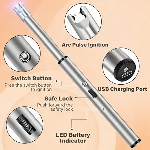 Image of Electric Candle Lighter Windproof USB Rechargeable Flameless Long Neck Lighter for Candles Gas Stove Fireplace BBQ Kitchen Grills (Gold) (Stainless Steel)
