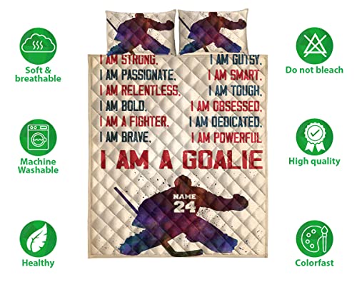 OhaPrints Custom Hockey Goalie I Strong Boy Player Personalized Name Number Quilt Blanket & Pillowcases, Quilts Bedding Set & Pillow Cover, King Queen Double Twin Throw Full Size Bedspread Bed Sets