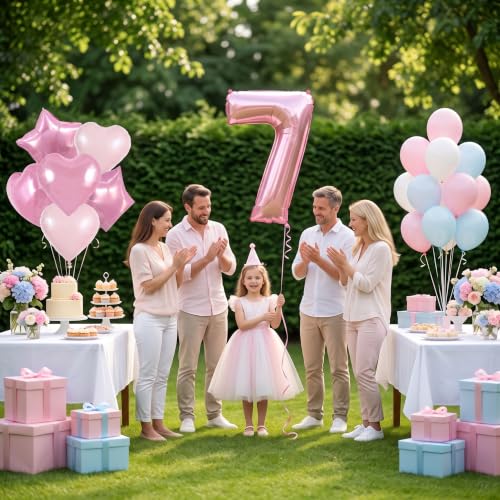 Image of TONIFUL 7th Birthday Balloons Kit 40 Inch Pink Large Number 7 Foil Balloon | with 18 Inch Helium Foil Star Shaped Balloons for Girls Women Birthday Anniversary Graduation New Year Eve Party Decoration
