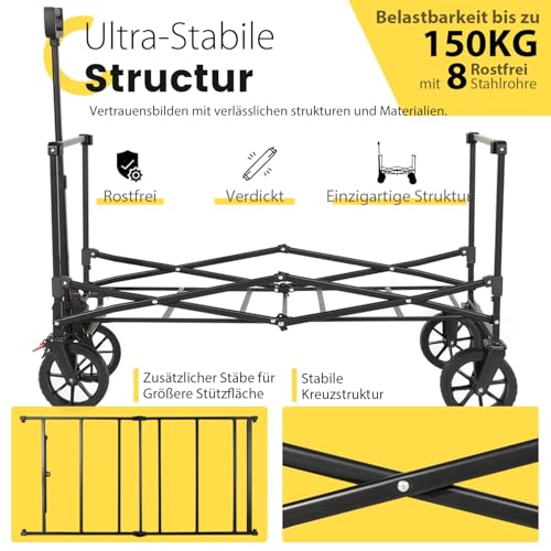 Sekey XXL Bollerwagen Faltbar mit Bremsen 160L 150KG Belastbar, Faltbarer Bollerwagen Geländetauglich, Klappbarer Handwagen Strand Camping Einkaufen, XXL-Sieger 3011, Schwarz mit Grau