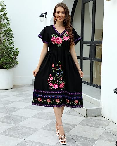 AK Traditional Mexican Dress for Women Summer Smocking Dresses Vintage Floral Embroidered Flowy Deep V Neck Maxi Midi Dress (Black)