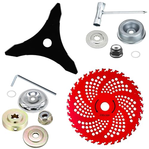 MEILLYOCEAN Brush Cutter Blade Set, 9 Inch 36 Teeth Carbide Tipped and 10 Inch 3 Teeth Carbon Steel Blades with Universal Adapter Kit, Compatible with Trimmer and Weed Eater